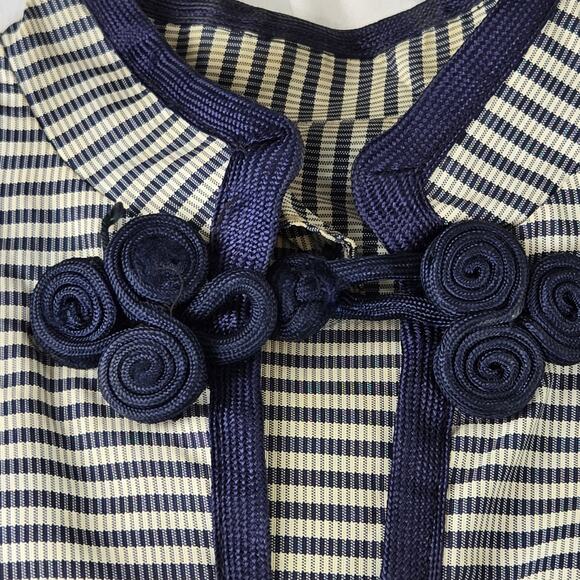 Vintage handmade striped dress 50s 60s XXS petite high neck blue cream ivory - Picture 6 of 15